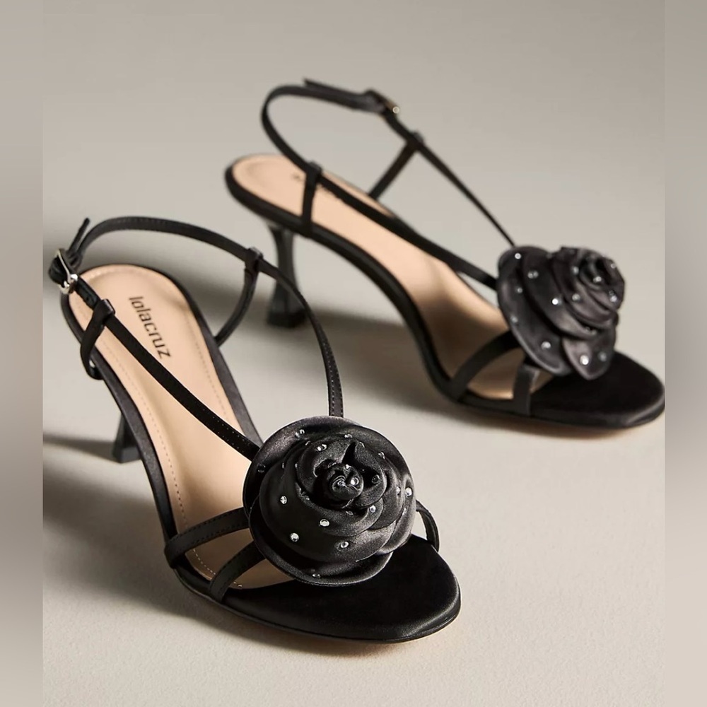 Lola Cruz Black Flower Slingback Heels Size 10